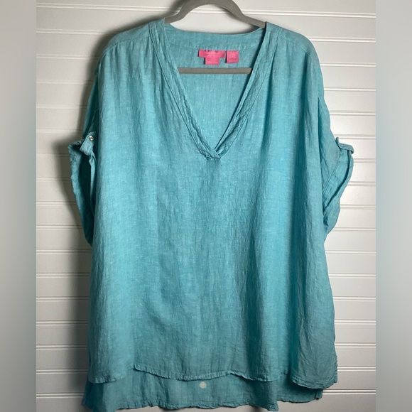 Isaac Mizrahi Womens 100% Linen Blue Boxy V Neck Cuffed Cap Sleeve Top Size 2X - Picture 4 of 9